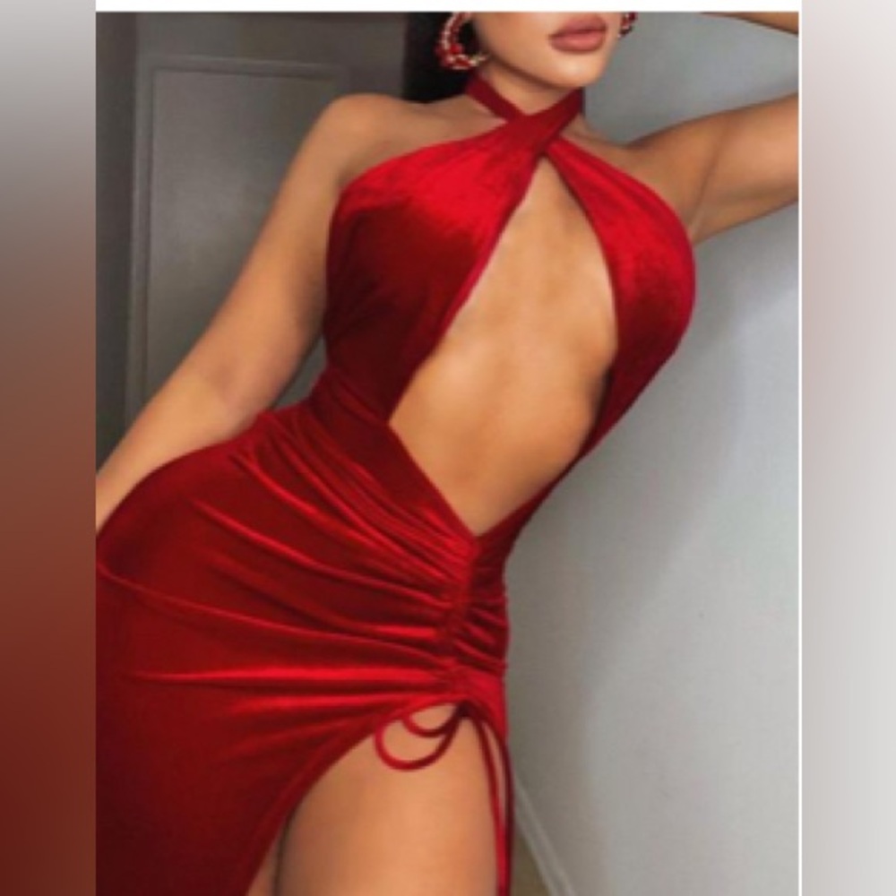 Medium Size Red Halter Cutout Drawstring Ruched Slit Dress